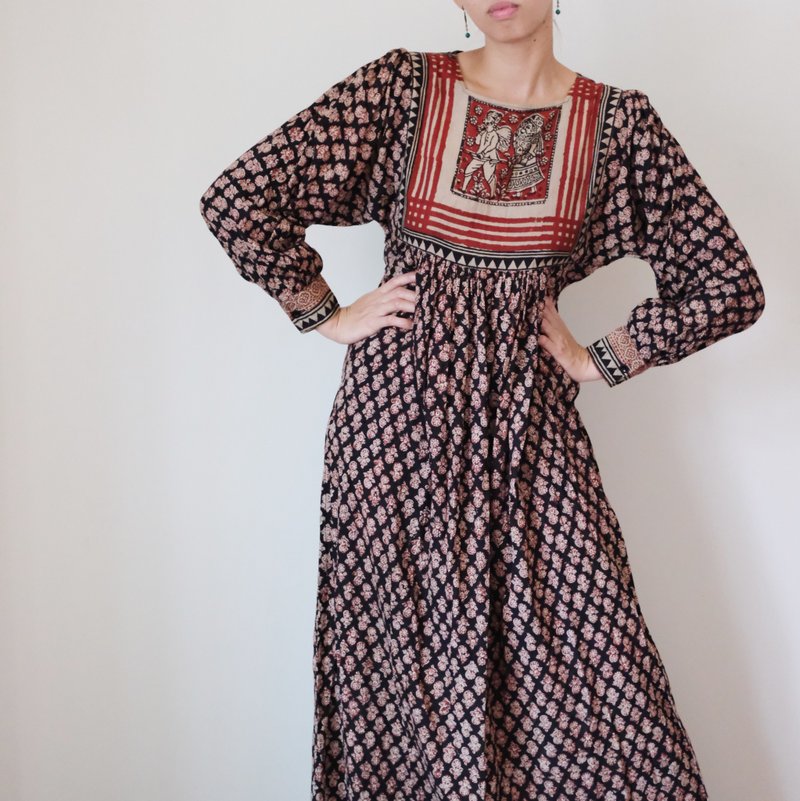 Vintage 70s Indian dress 古着逸品 70年代嬉皮印度盖印棉洋装 - 裙子 - 棉 