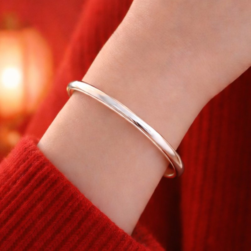 圣诞礼物999纯银手镯|成人手环亮面素面|可调整大小|附礼盒礼袋 - 手链/手环 - 纯银 银色