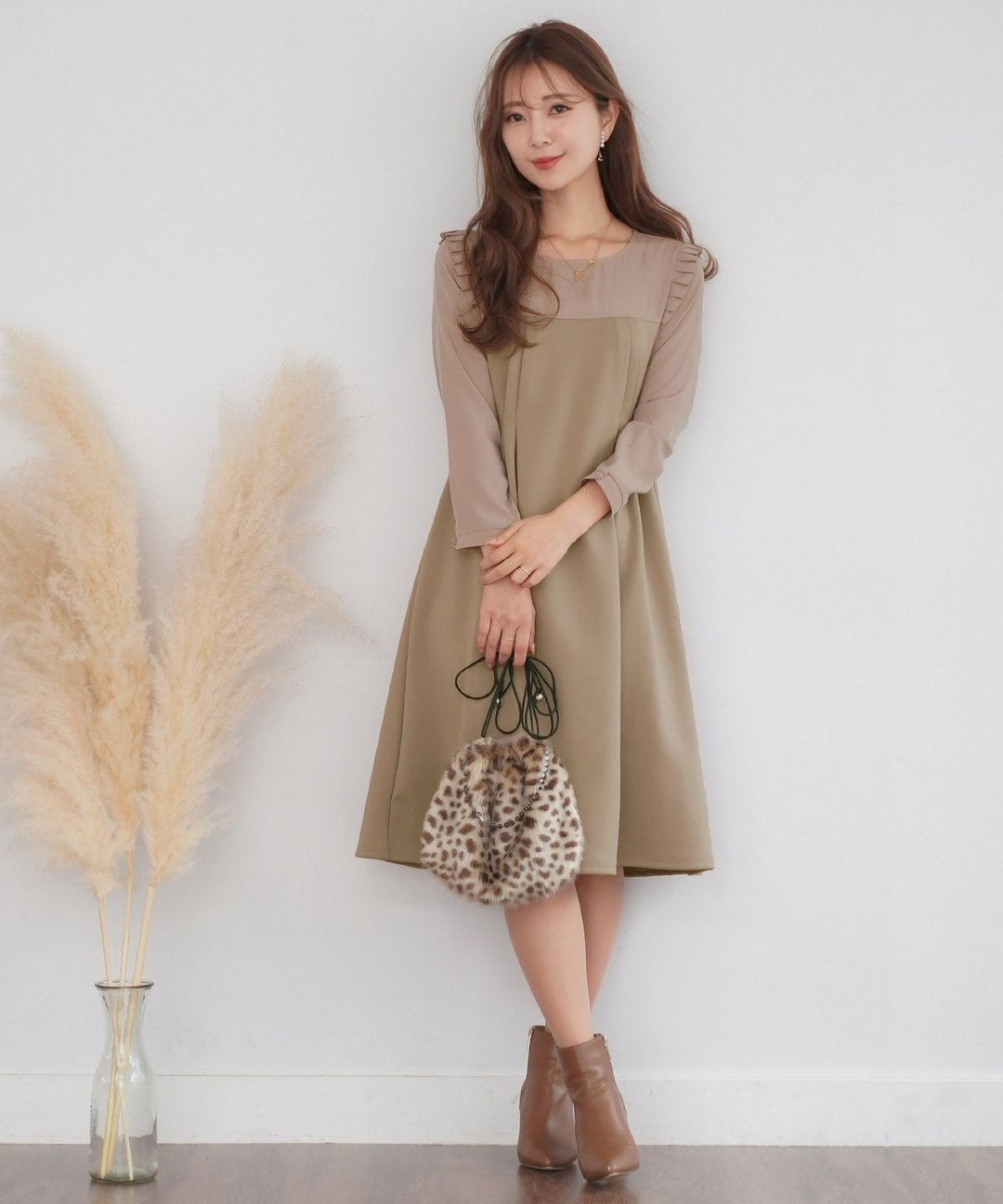 One piece frill yoke bicolor / le reve vaniller - 洋装/连衣裙 - 棉 粉红色