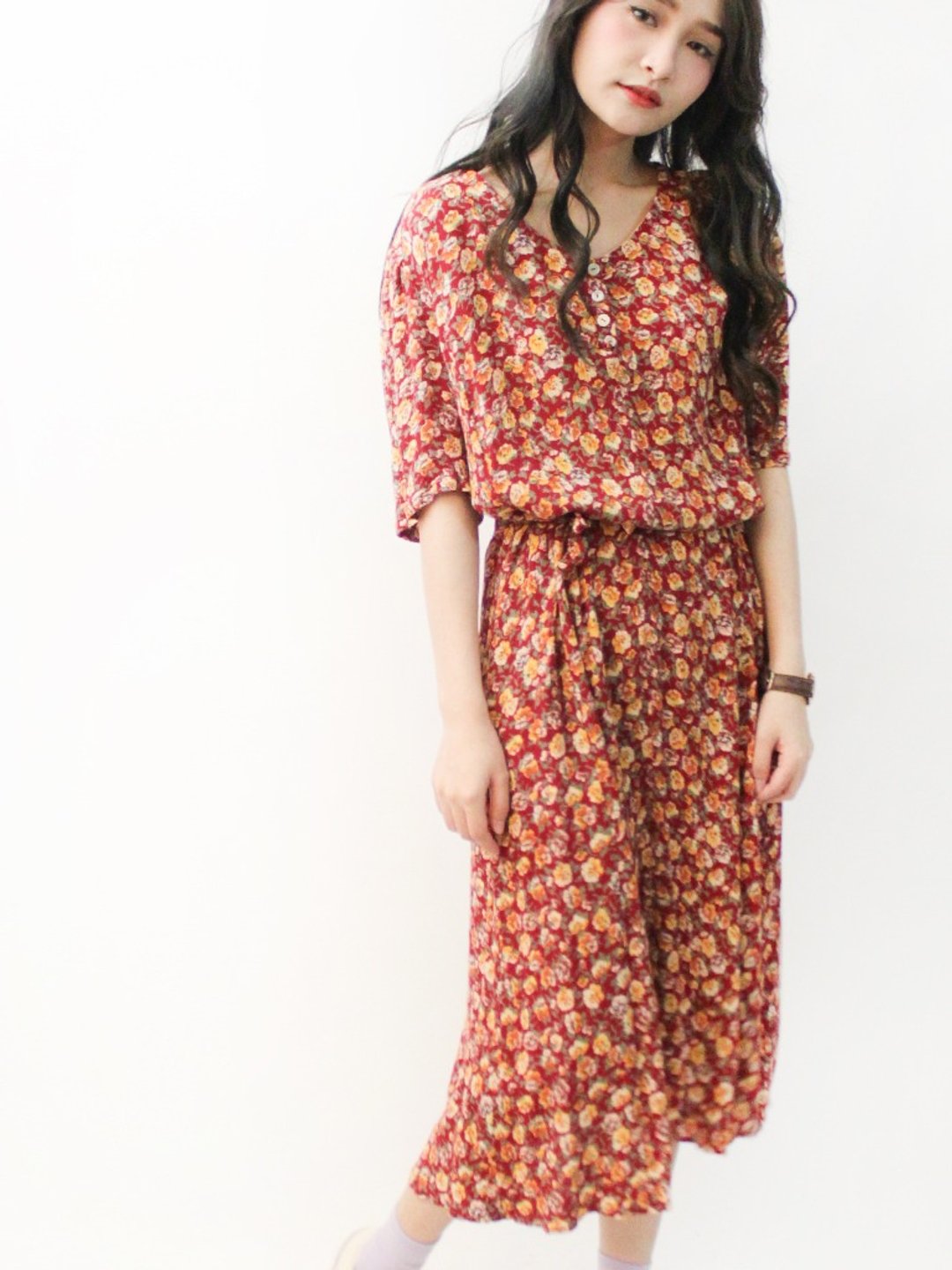 春夏复古欧洲棉质短袖红色碎花古着洋装European Vintage Dress - 洋装/连衣裙 - 棉 红色