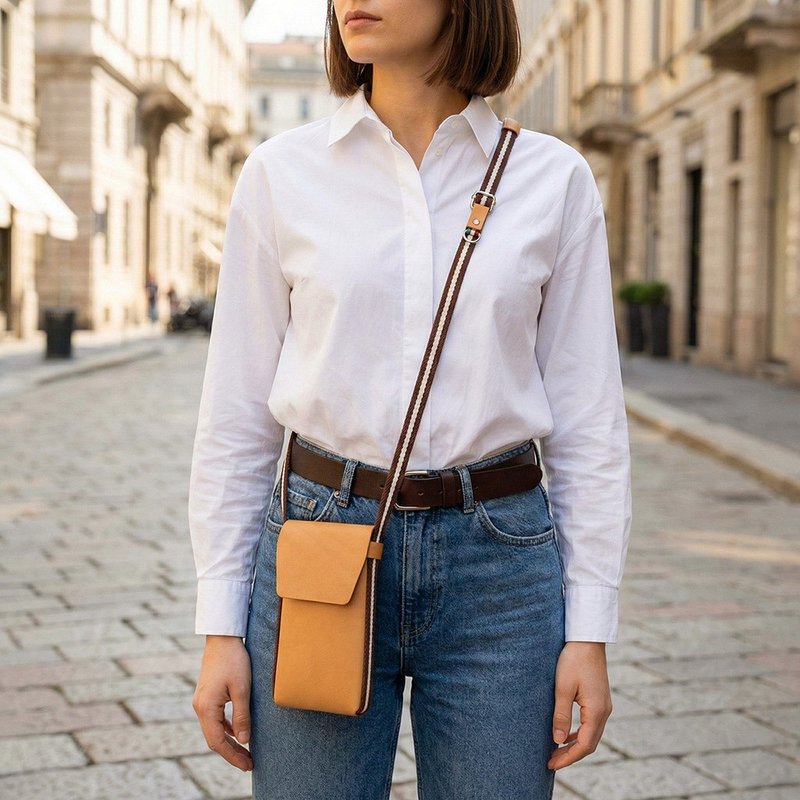 COZI - 意大利植鞣革直式6~8吋手機/摺疊手機斜肩包/條紋背帶掛繩 - 手机壳/手机套 - 真皮 咖啡色