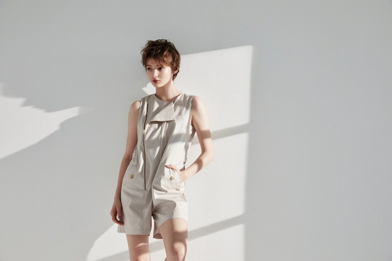 拉链设计无袖连身短裤 - 背带裤/连体裤 - 棉．麻 灰色