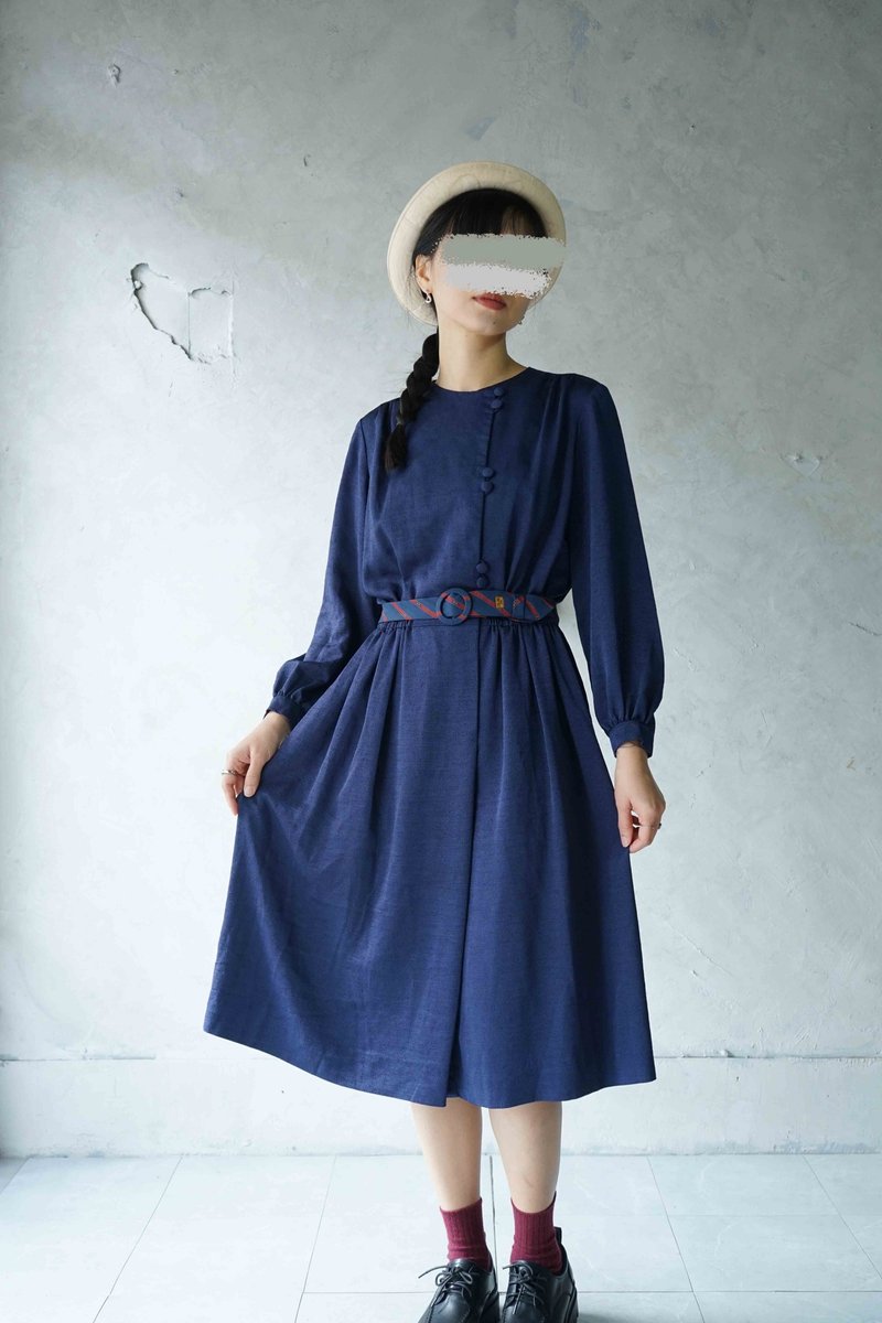 寻宝古着-知性沈稳深蓝侧开襟包扣昭和洋装 - 洋装/连衣裙 - 聚酯纤维 蓝色
