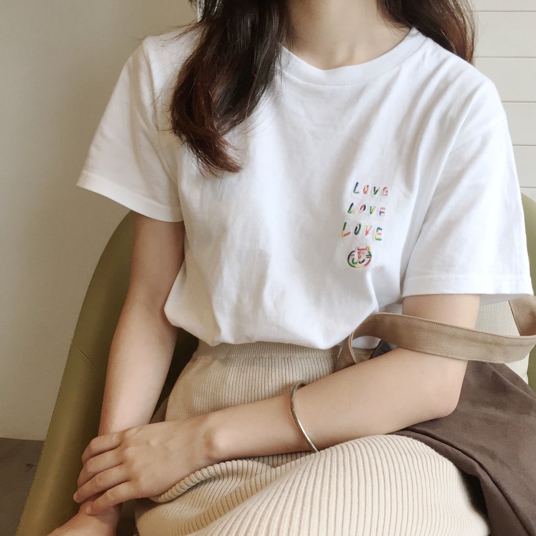 Love and Peace  彩虹刺绣Tee - 女装 T 恤 - 棉 白色