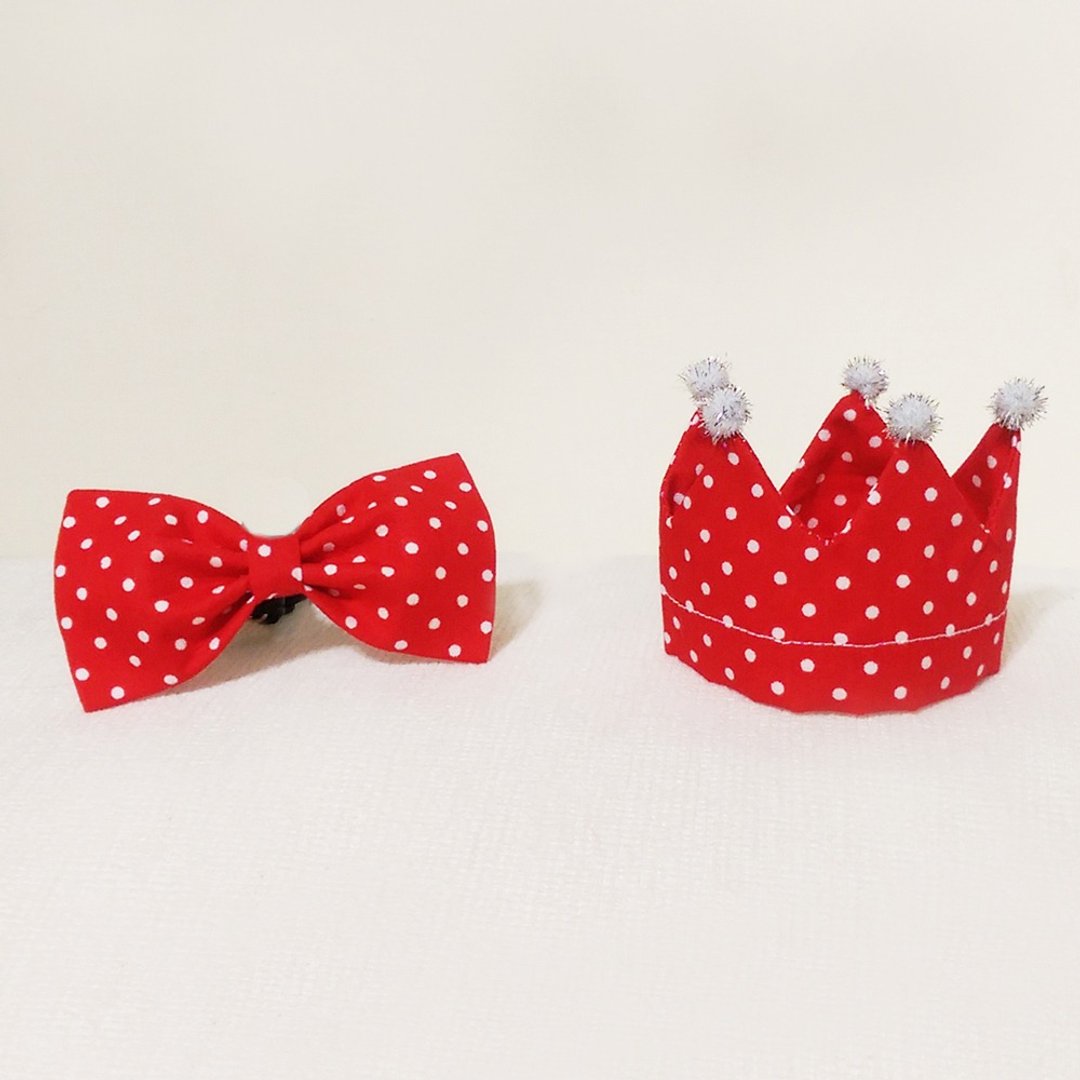 Ella Wang Design Crown皇冠帽+Bowtie领结  猫  狗  水玉点 套组 - 项圈/牵绳 - 棉 红色