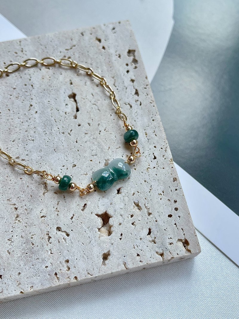 缅甸玉A货翡翠-冰飘蓝花翡翠蝴蝶结搭算盘珠翡翠14k包金手链 送礼 - 手链/手环 - 玉石 蓝色