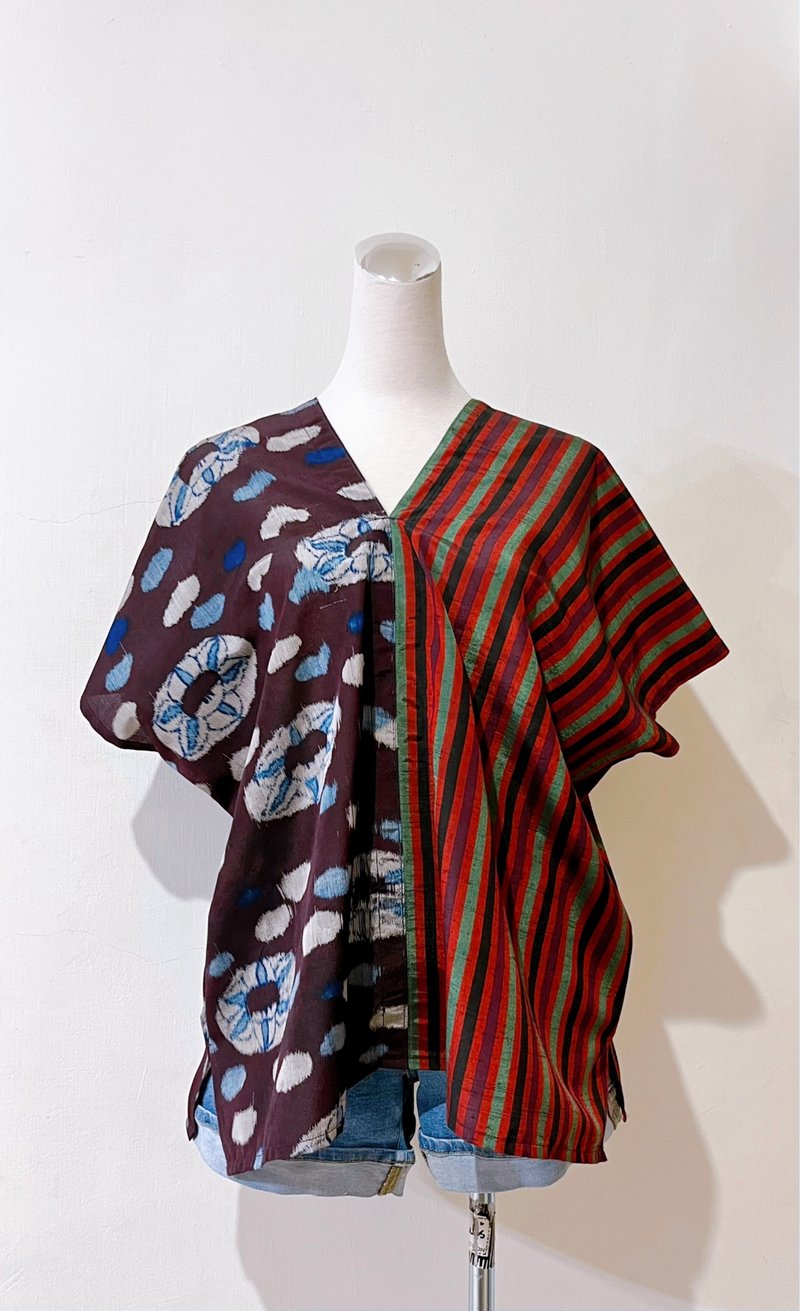 独一无二的紫色花朵拼接绿红黑紫条纹四方衣四角衣 - 女装上衣 - 棉．麻 紫色