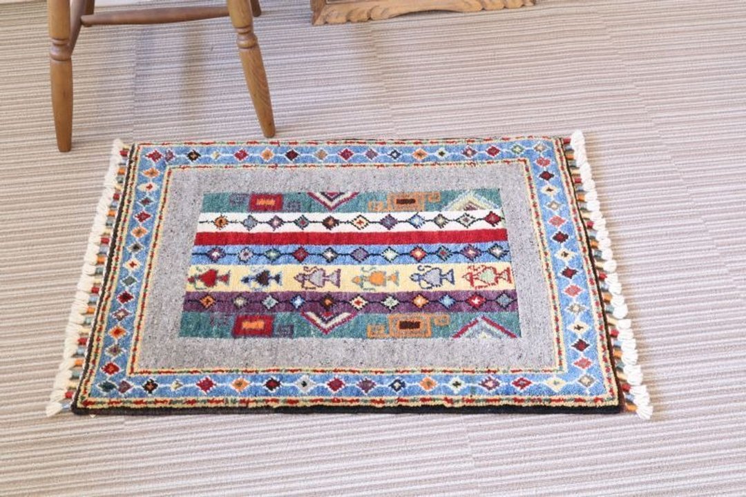 handmade carpet Blue×Glay Teapot  rug Wool &amp; dyeing with vegetables 82×60cm - 地垫/地毯 - 其他材质 灰色