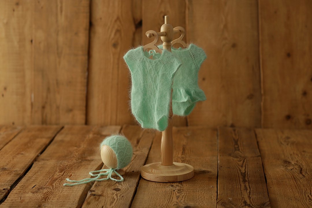 Set bonnet and romper, newborn photography props girl, knit photo prop outfit - 婴儿饰品 - 羊毛 绿色