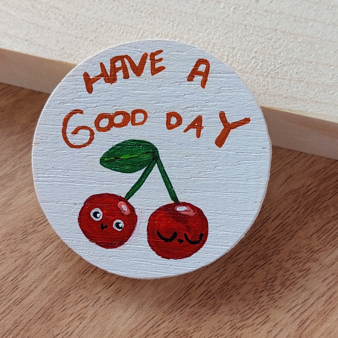 Hand-painted wooden brooch/griptok/magnet -- cherry Have a good day - 胸针 - 木头 红色