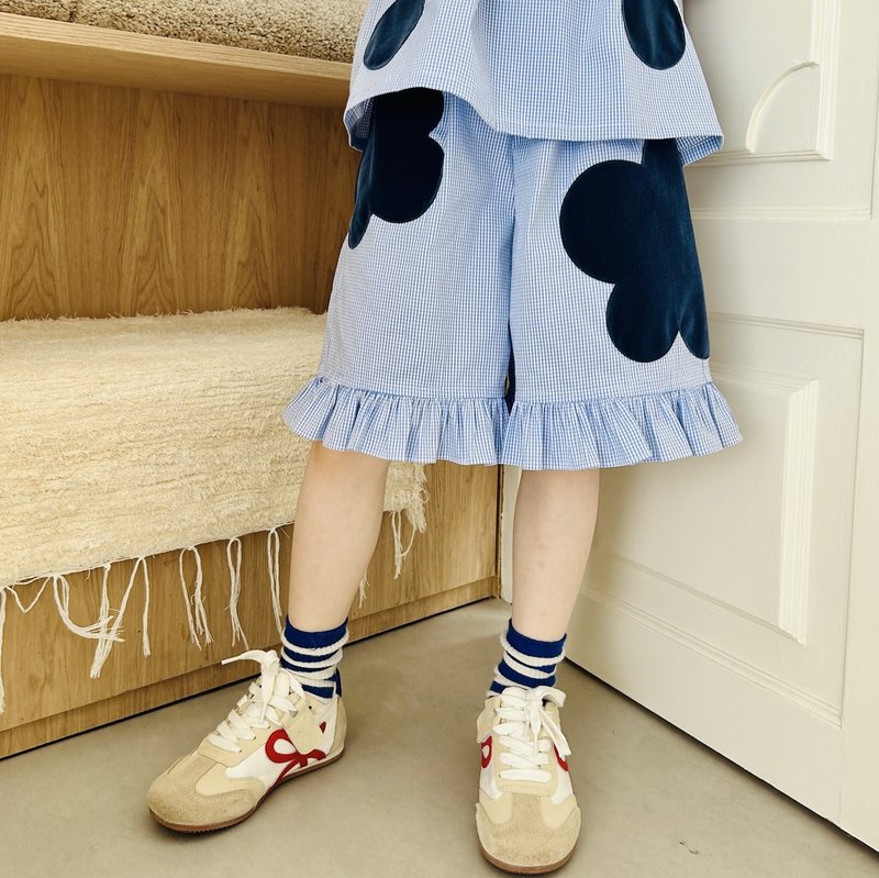 蓝色小格子大花朵花边短裤 / 裤子 童装 - 童装裤 - 棉．麻 蓝色