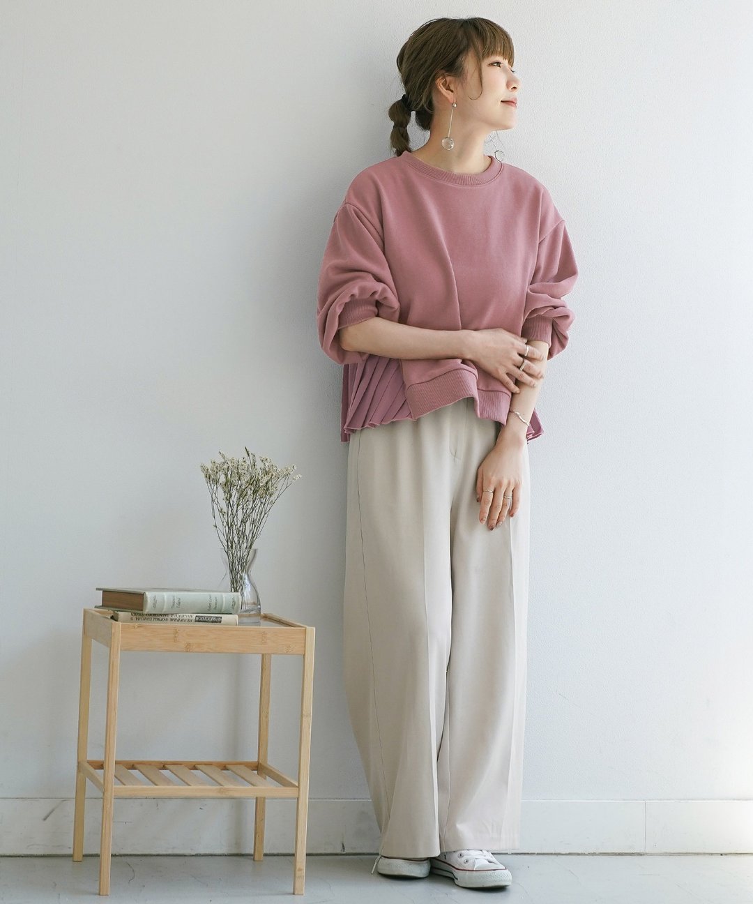Cut-and-sew back pleats 9-quarter sleeves / JS × momo.yokko - 女装上衣 - 棉 粉红色
