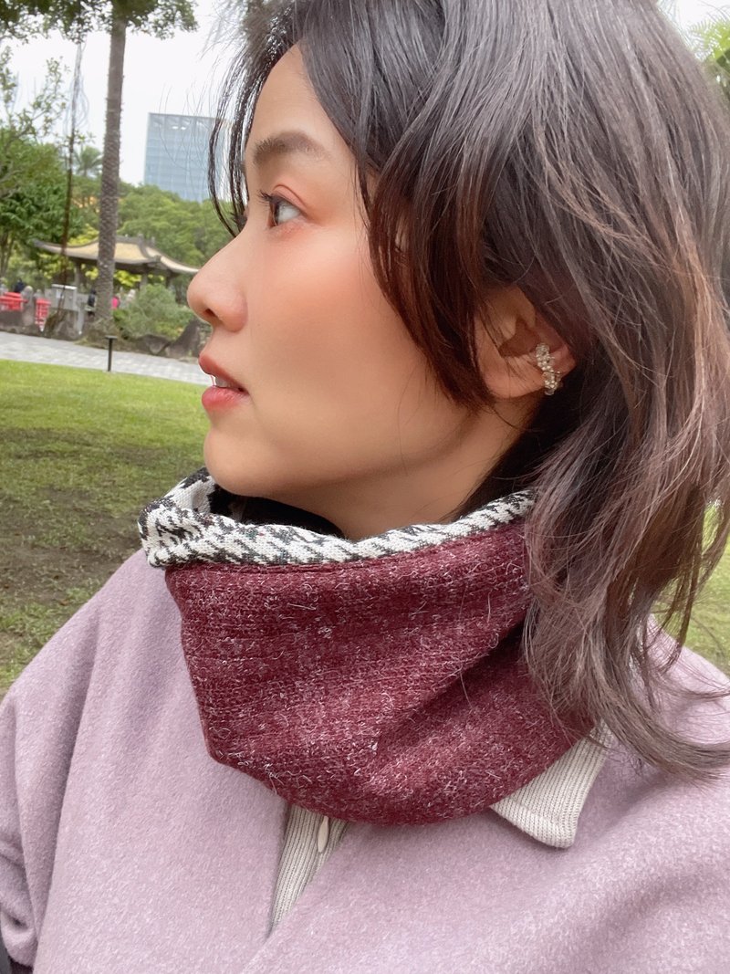 酒红羊毛千鸟格  抽绳小围脖 围巾 - 围巾/披肩 - 棉．麻 红色