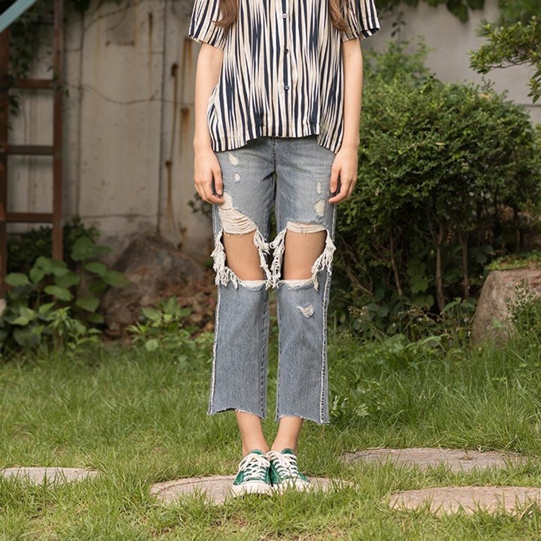 VITALSIGN 17 S/S High Waist Destroyed Ripped Hole Stretch Denim Jeans - 女装长裤 - 棉 