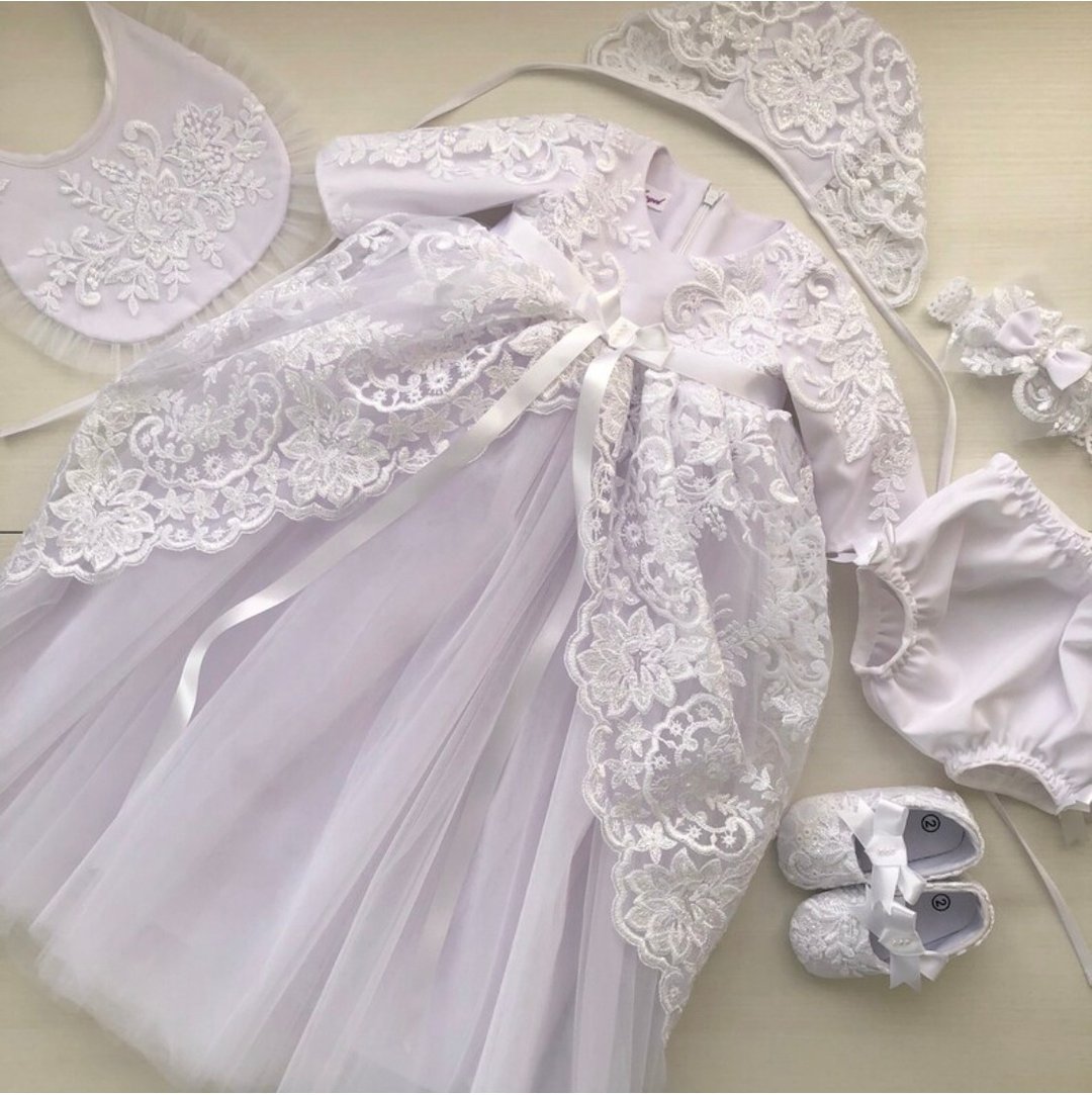White lace dress, headband, bonnet, panties, bib and shoes for baby girl. - 童装礼服/连衣裙 - 其他材质 白色
