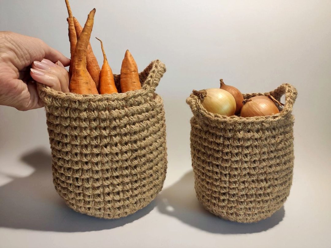 Basket storage for kitchen Crochet jute fruit basket potato storage Eco home - 调味罐/酱料瓶 - 棉 