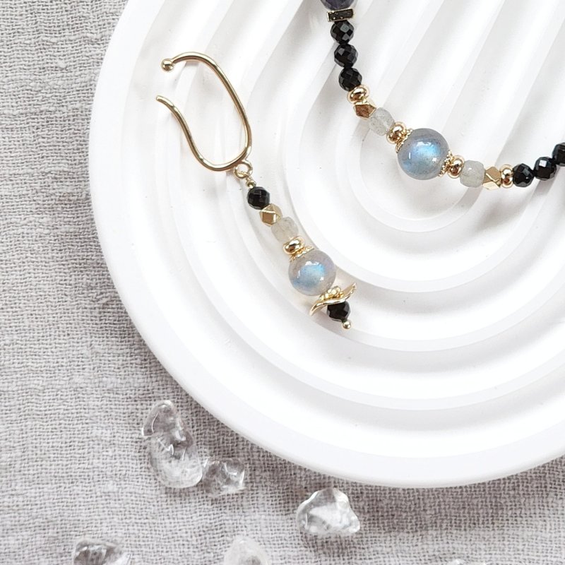 月影摇曳  |  灰月光石 黑尖晶耳环 可改耳针或耳夹 - 耳环/耳夹 - 半宝石 灰色