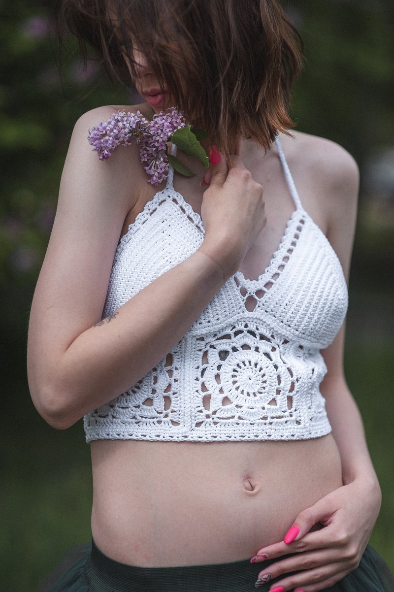 Natural cotton halter neck top, Summer crochet openwork crop top - 女装上衣 - 棉．麻 白色