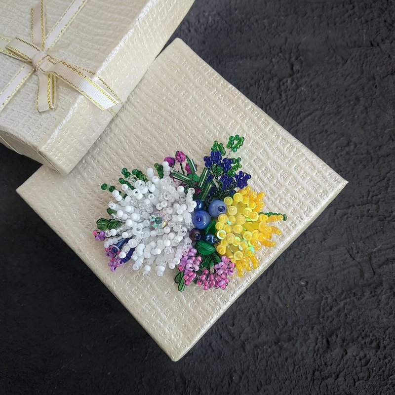 Bouquet Brooch Yellow Flower for Lover Unique Gift for Women Jewelry Set - 胸针 - 玻璃 