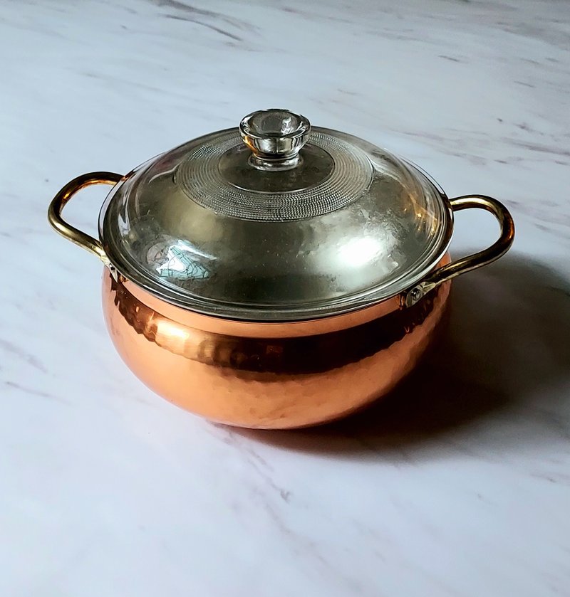 老日本手工锤目 • 双耳黄铜柄 •  红铜锅 • 老品全新 - 锅具/烤盘 - 铜/黄铜 