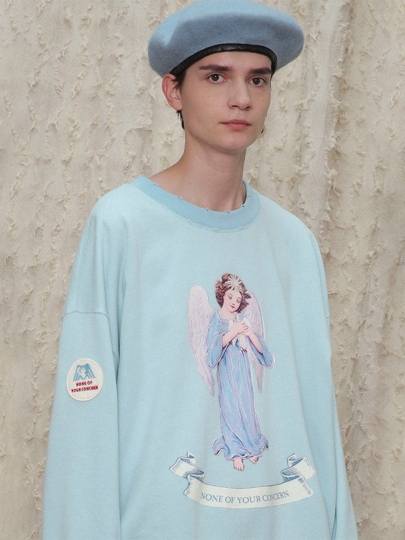 UNVESNO AW21 拥抱天使秋冬宽松圆领毛圈薄款破洞卫衣 SWS-1402 - 男装上衣/T 恤 - 棉．麻 蓝色