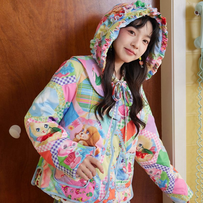 可拆卸帽子 拼布印花 轻型羽绒服 - 女装上衣 - 其他材质 多色