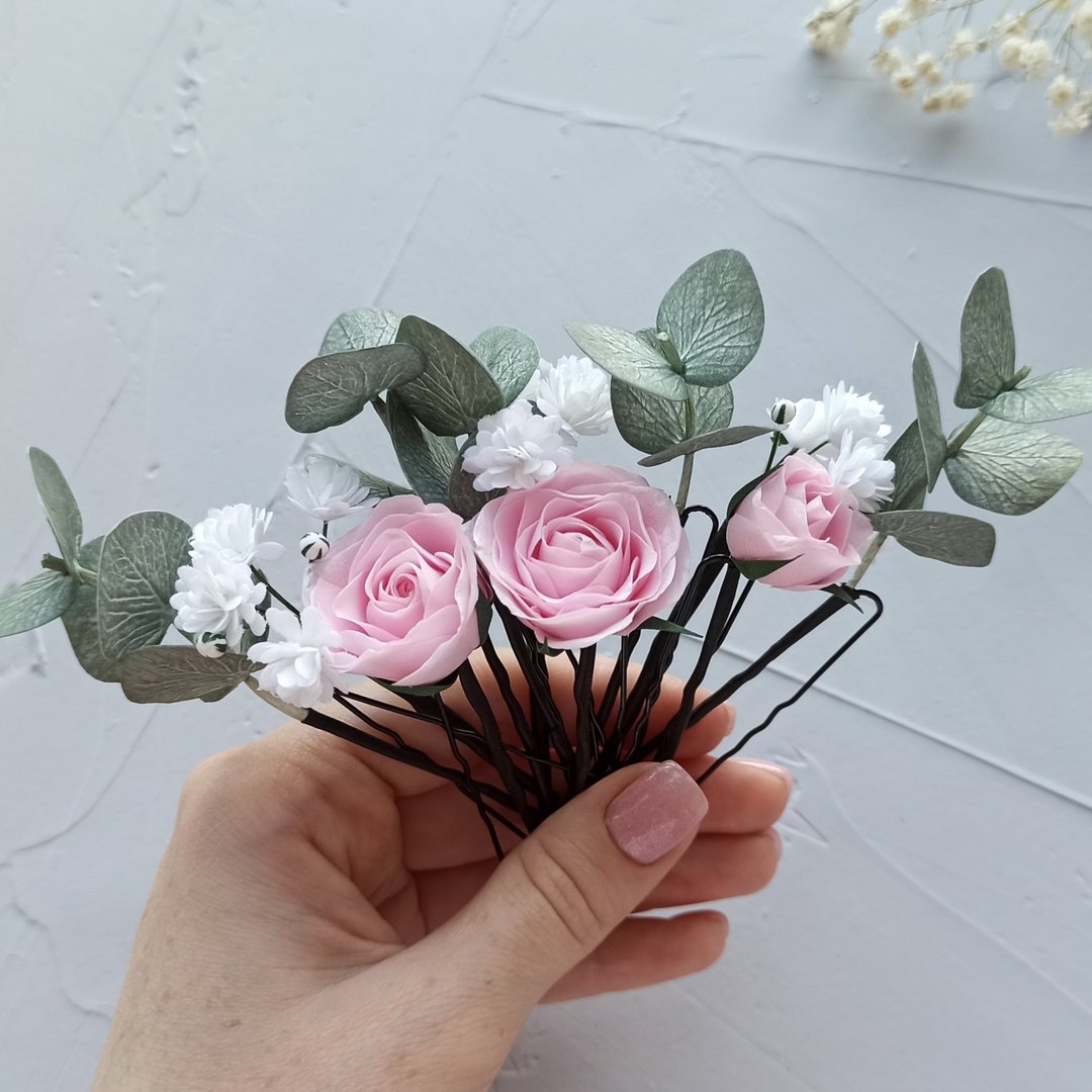 Sage green wedding eucalyptus pink rose hair pins flower hair clip for bride - 发饰 - 其他材质 多色