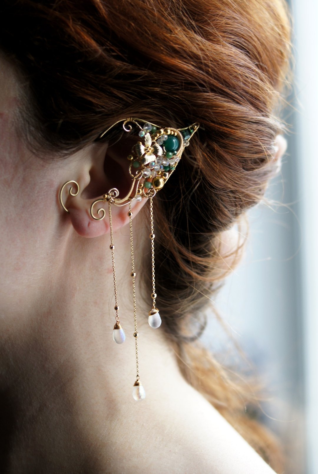 Green and gold elven ear cuffs. - 耳环/耳夹 - 铜/黄铜 