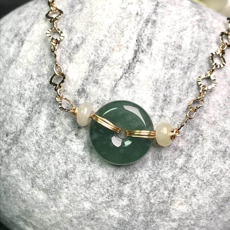 缅甸玉A货翡翠-  冰种翡翠平安扣手链 14k包金 送礼 玉 礼物 天然 - 手链/手环 - 玉石 绿色