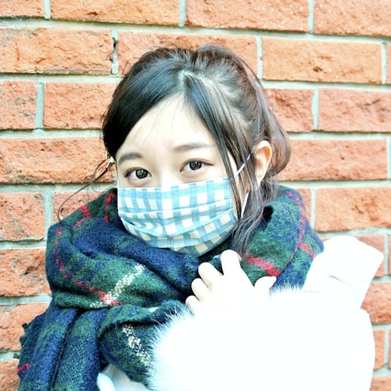 可洗涤、舒适且可爱的手工立体口罩 Gingham Navy 环保 手工制作纯棉 | TEMARIYA - 口罩 - 棉．麻 蓝色