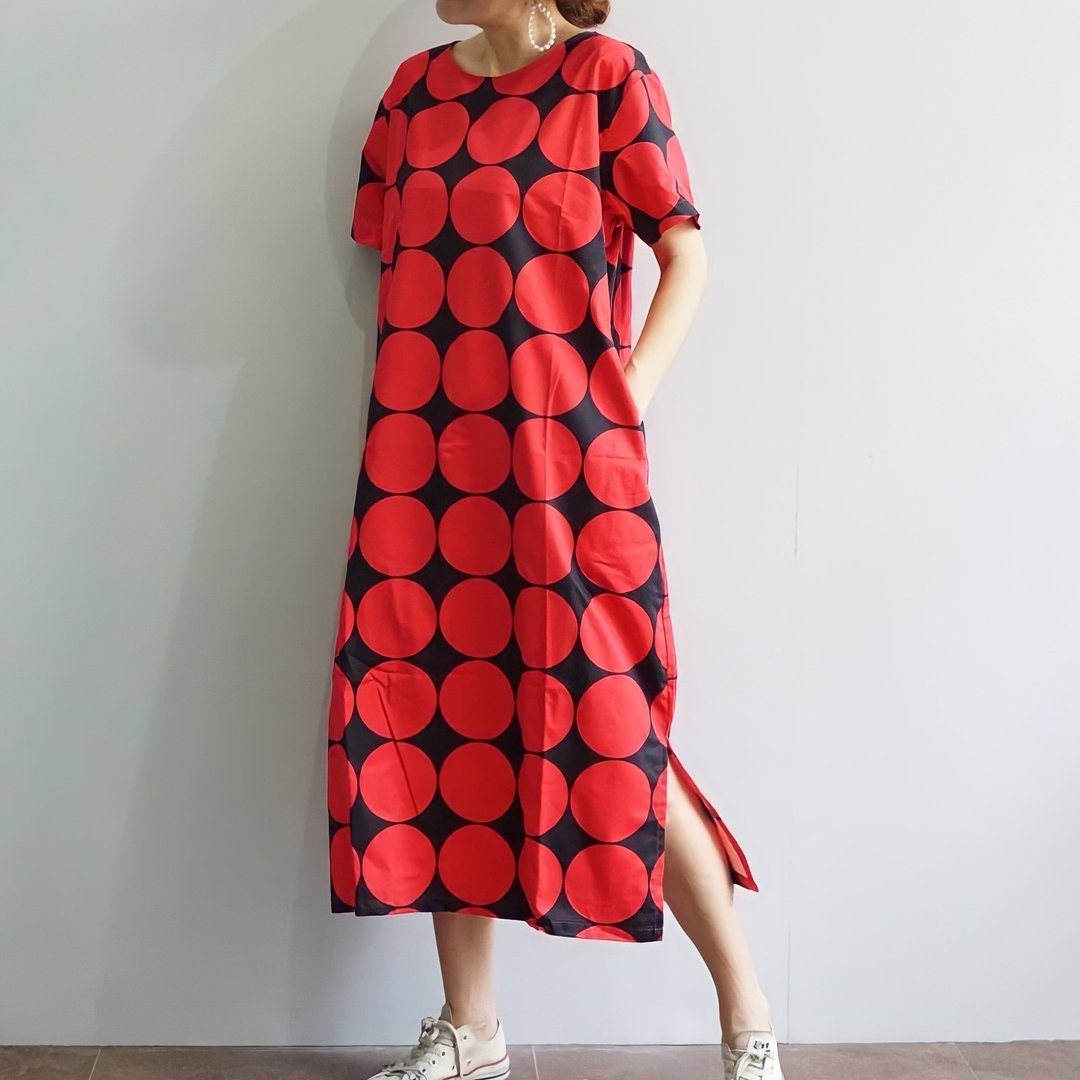 红色长裙/夏装波点连衣裙宽松合身/加大码服装 - 洋装/连衣裙 - 棉 红色