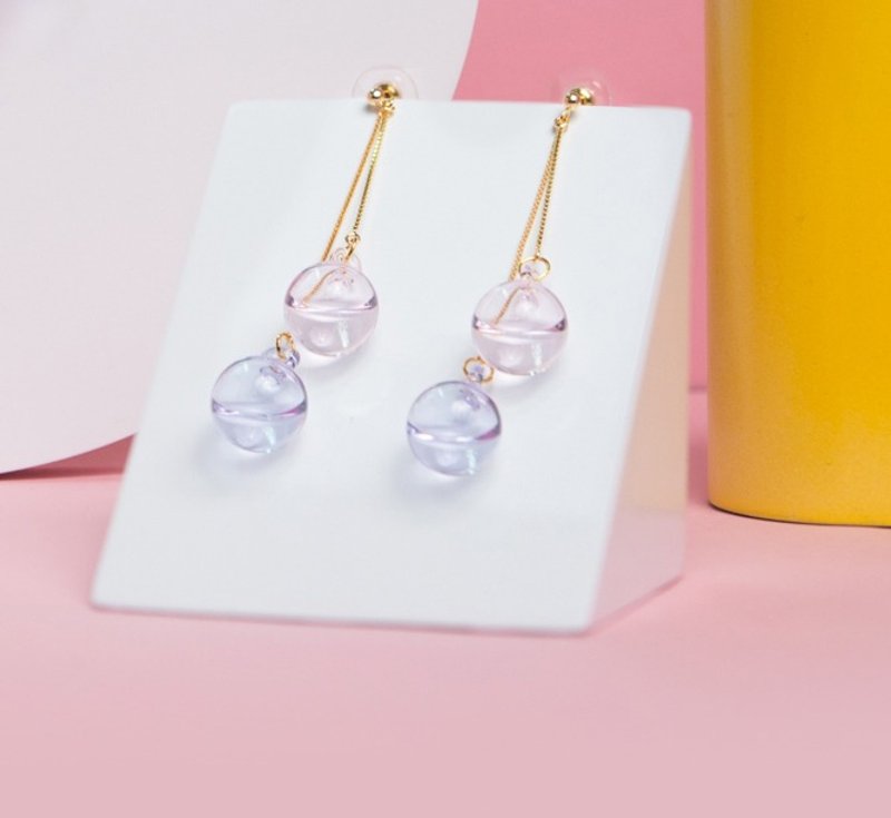 甜美缤纷双胞垂坠式耳环/耳夹 | Dolce 系列 - 耳环/耳夹 - 玻璃 粉红色