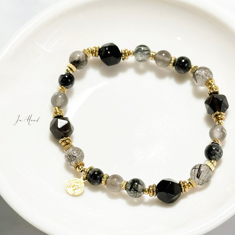 黑金勇士-黑曜岩.黑发晶-黄铜设计款 - 手链/手环 - 水晶 黑色