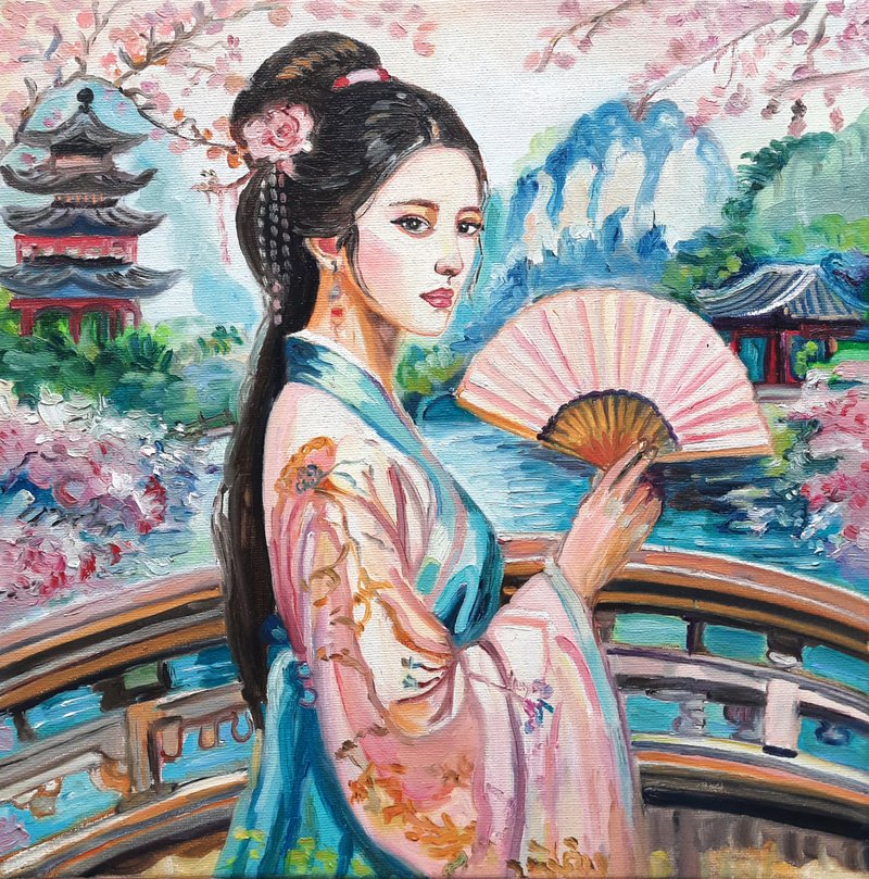 原创画 The Girl at the Pagoda Painting 原创艺术油画 布面油画 - 墙贴/壁贴 - 其他材质 粉红色