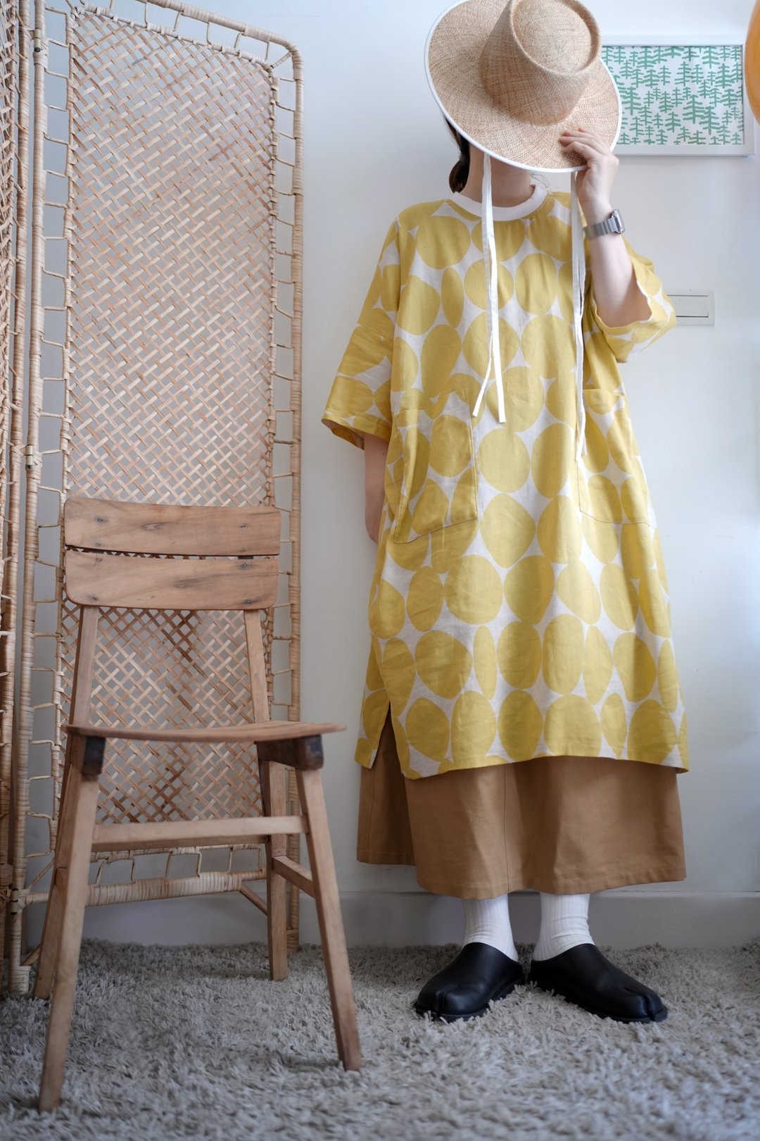 金丝雀黄点直筒版款洋装 - 洋装/连衣裙 - 棉 黄色