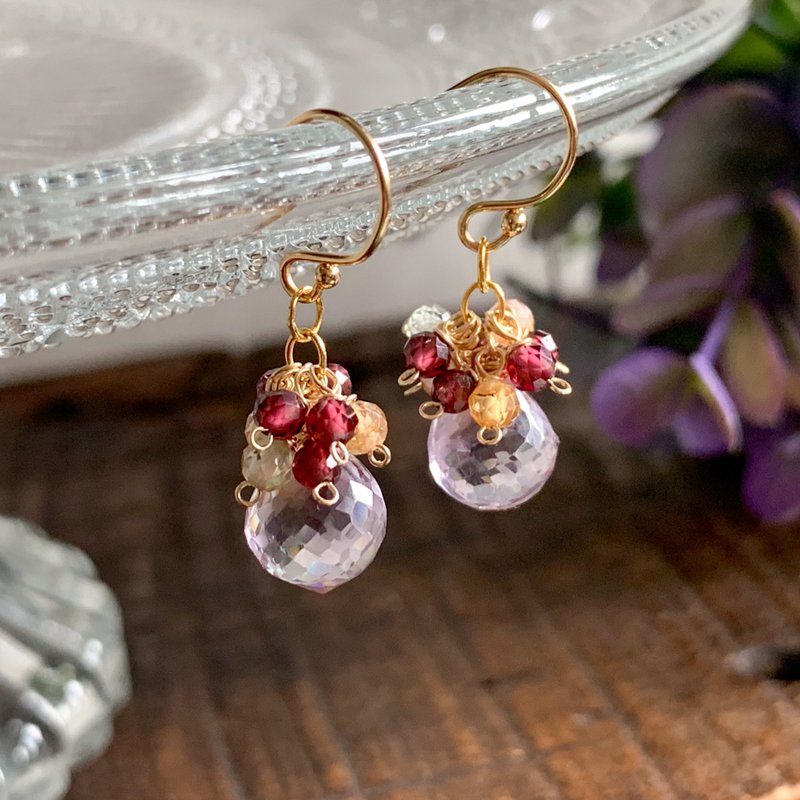 14kgf pink amethyst onion earrings - 耳环/耳夹 - 半宝石 粉红色