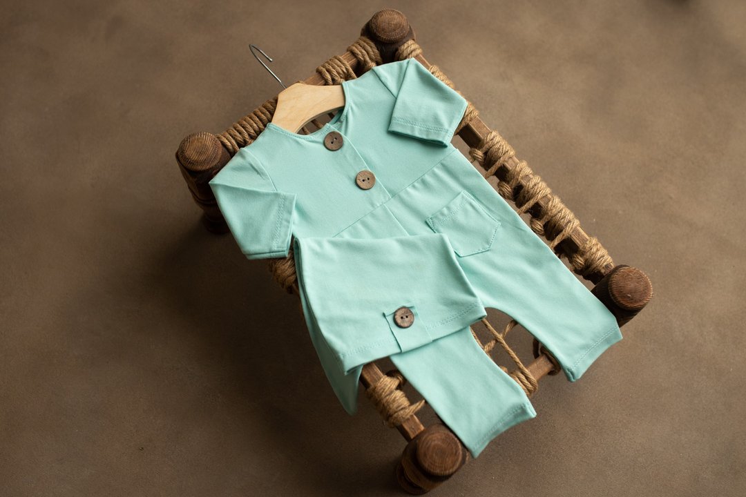 Mint newborn baby boy jersey romper with sleep cap, Newborn Photography props - 婴儿饰品 - 其他金属 