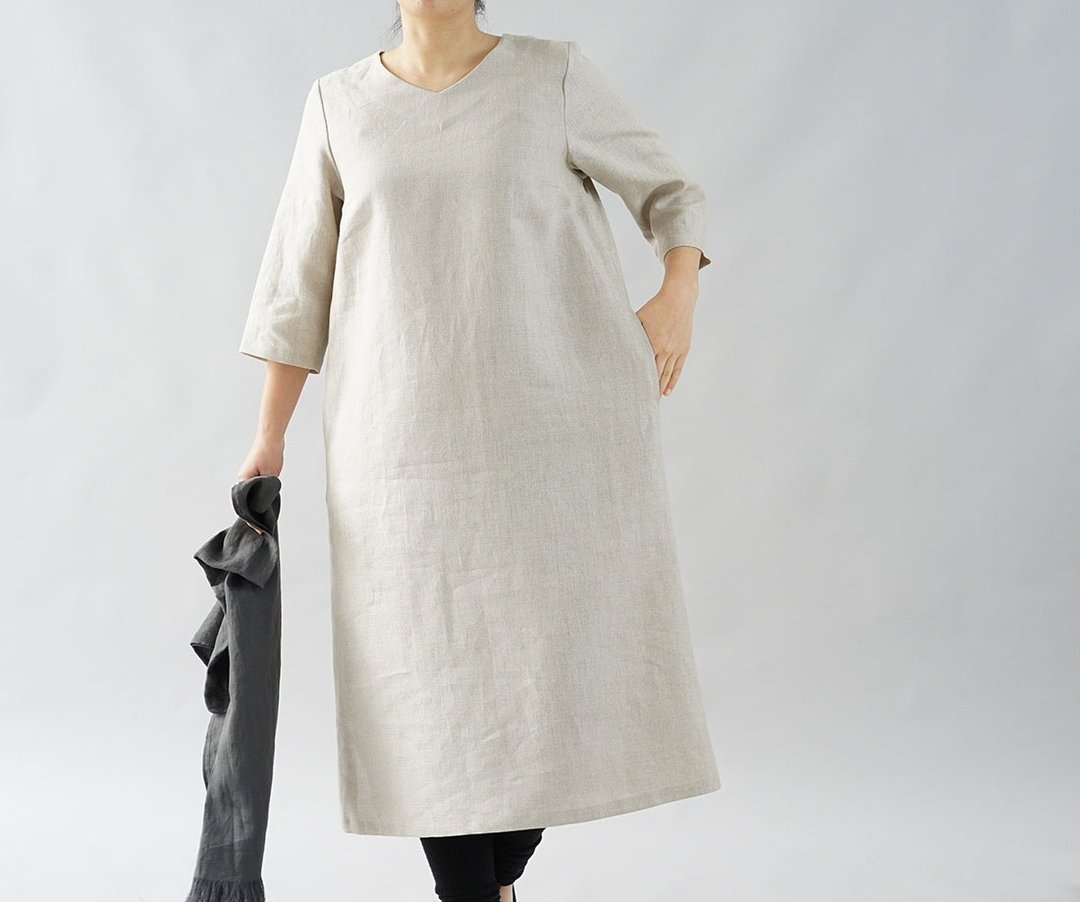 wafu - 純亞麻洋装 Midweight Linen Simple A-line Dress / Flax a032c-amn2 - 洋装/连衣裙 - 亚麻 卡其色