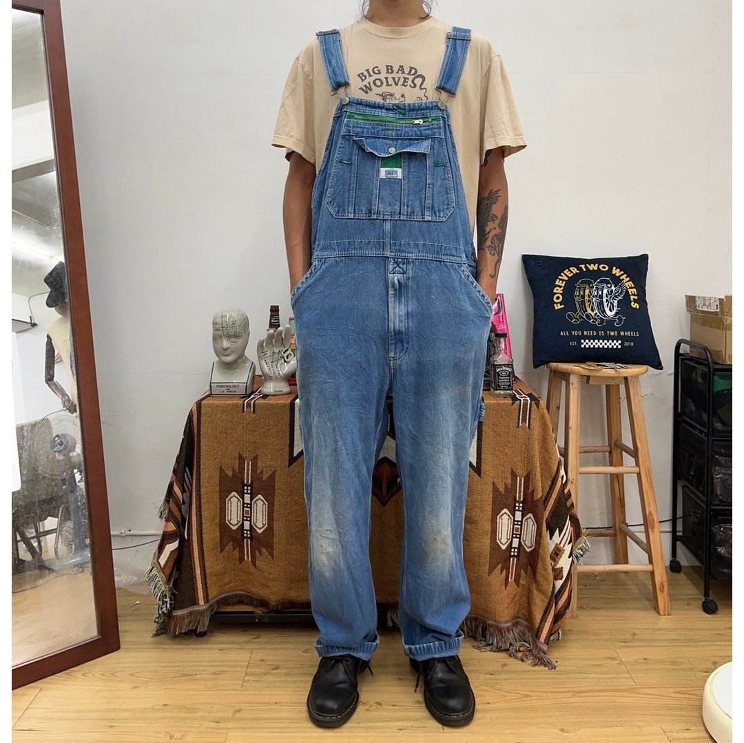LIBERTY 水洗 浅色牛仔 丹宁 吊带裤 古着 overalls 二手 - 男士长裤 - 棉 蓝色