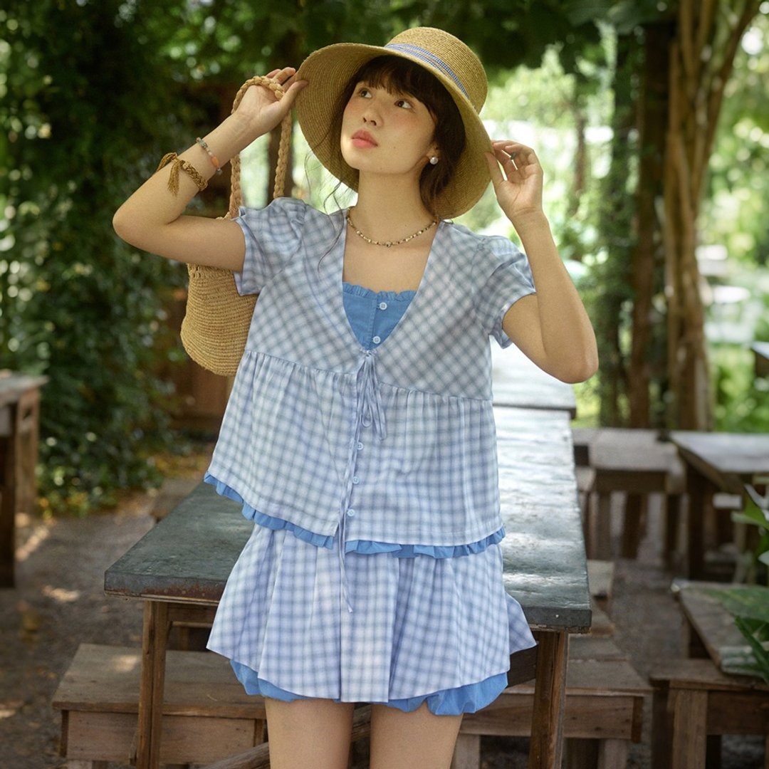 蓝格纹假两件衬衫裙裤套装|衬衫|裤子|裙子|夏款|Sora-1853 - 女装衬衫 - 棉 蓝色