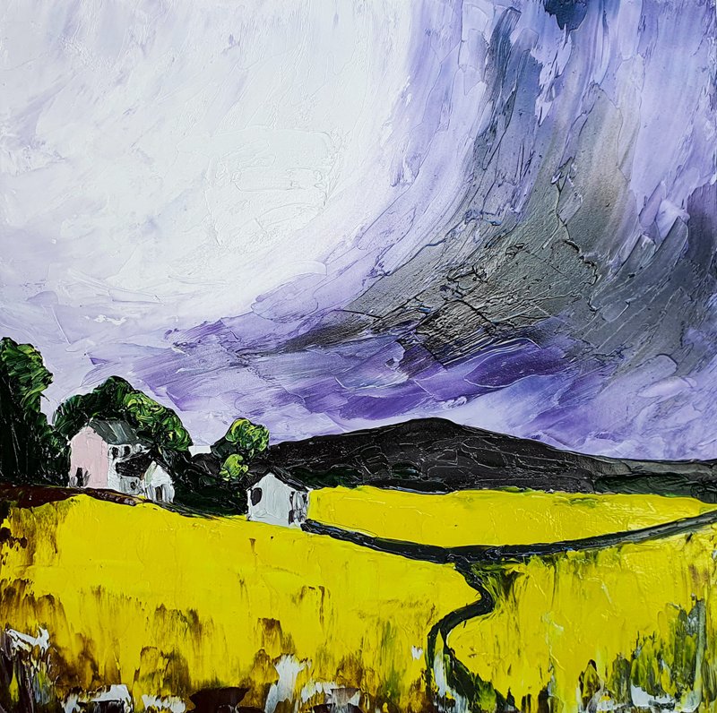 Sunflower Painting Flowers Original Art Yellow Field Wall Art Insect Floral Art - 海报/装饰画/版画 - 其他材质 黄色