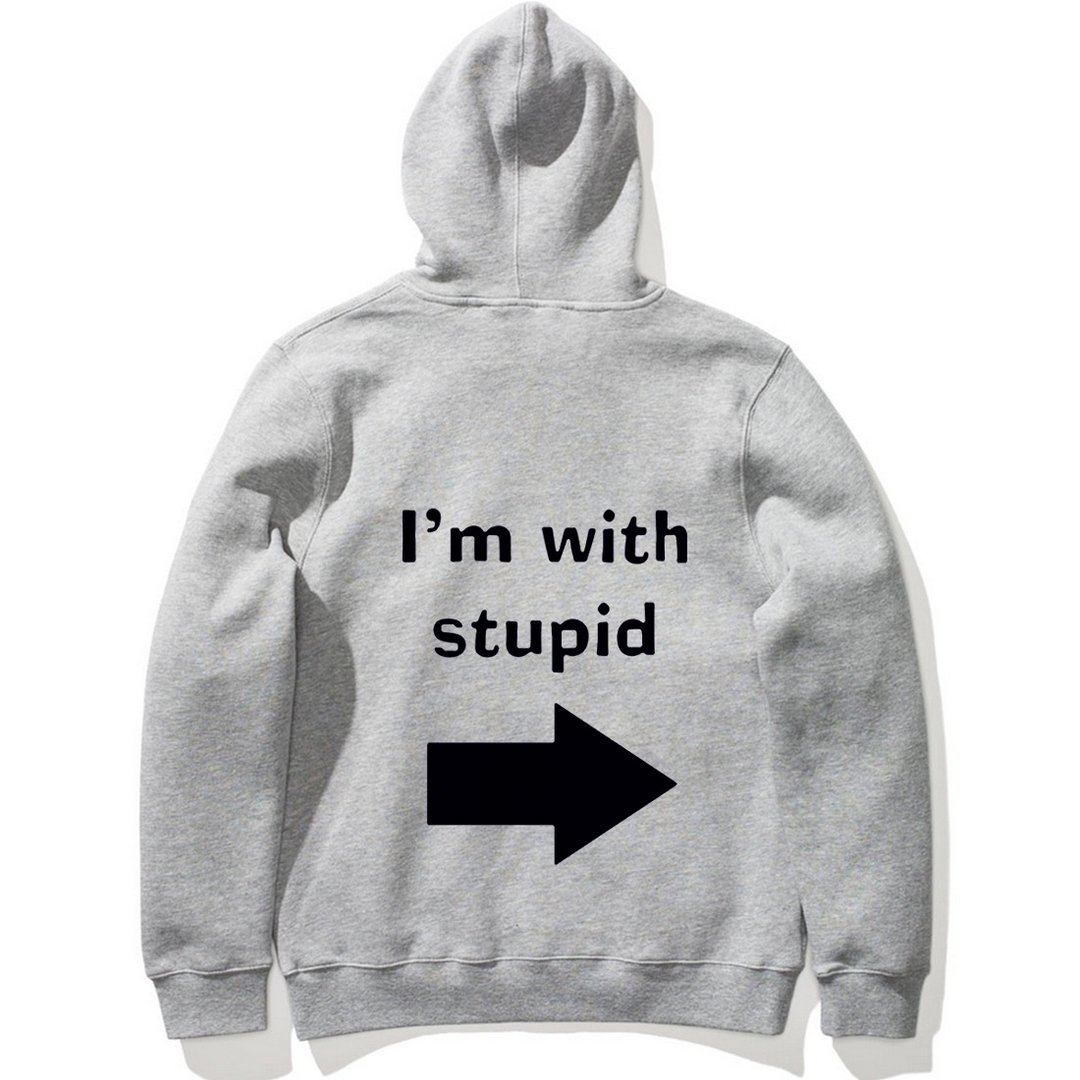I'M WITH STUPID 长袖刷毛连帽T 中性版 灰色 我跟笨蛋在一起 文青 设计 时髦 文字 趣味 - 中性连帽卫衣/T 恤 - 棉 灰色