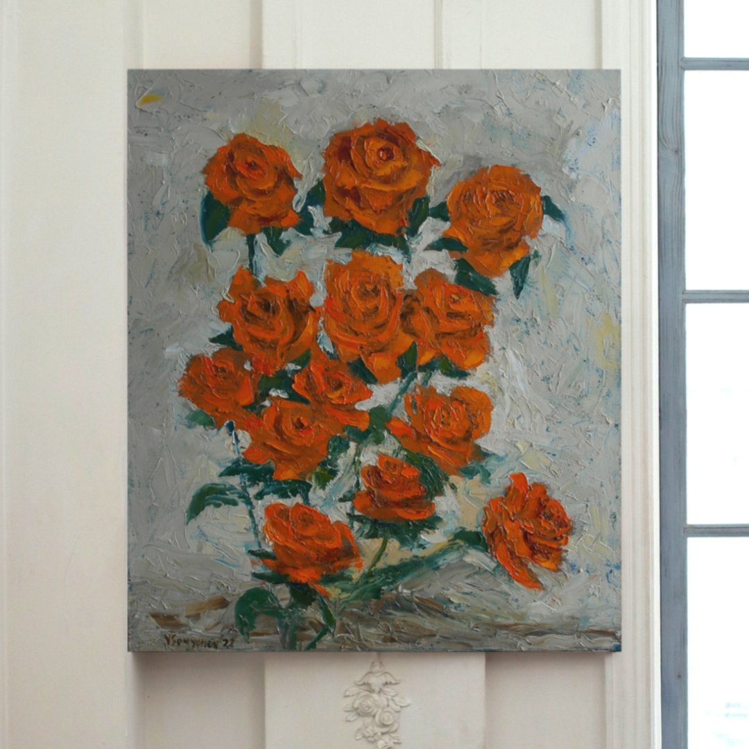 Roses Flowers Original Art Oil Painting Wall Decor Orange Roses - 海报/装饰画/版画 - 其他材质 橘色
