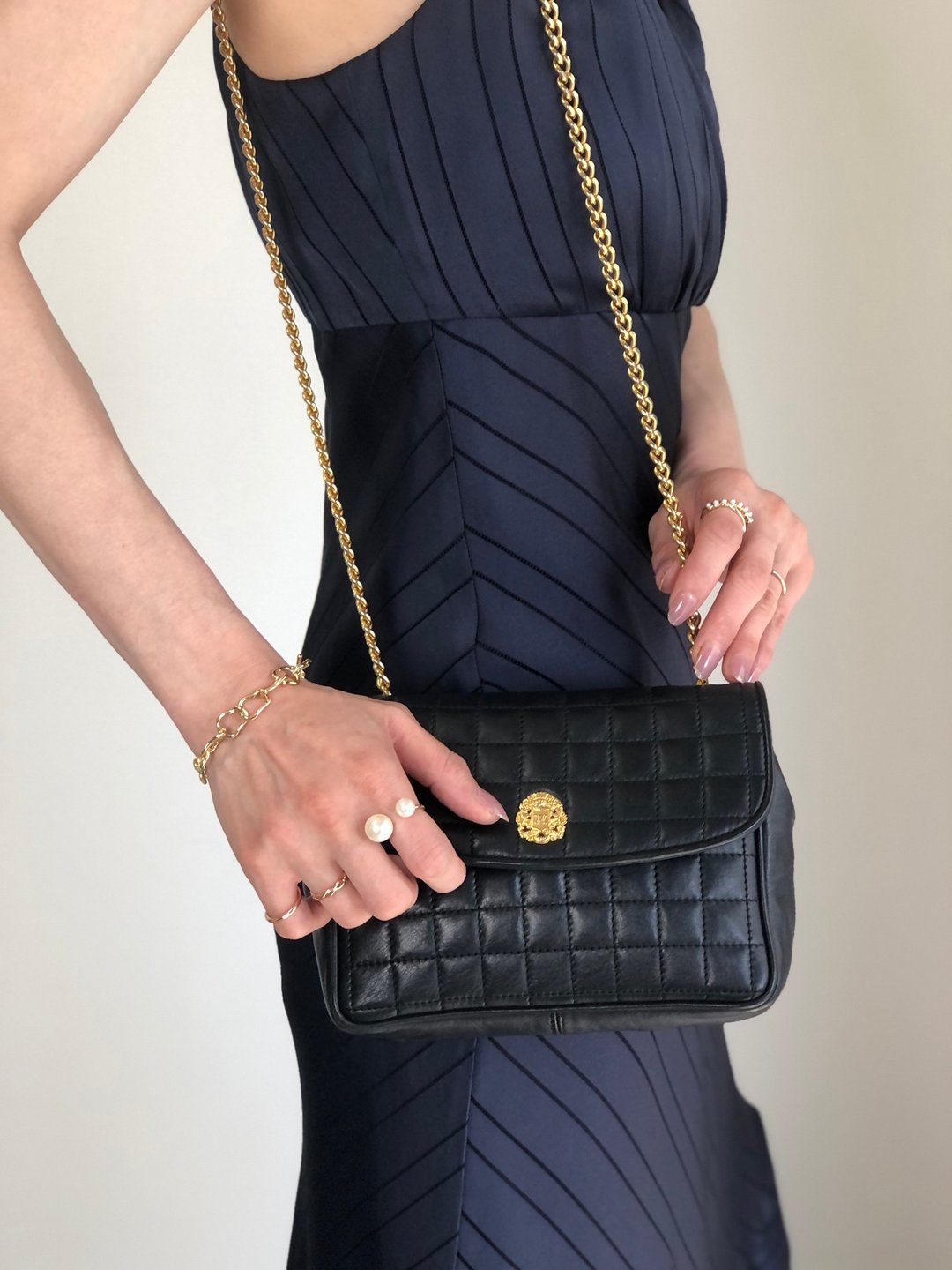 【日本直送 名牌中古包】CELINE 赛琳 黑色压花皮革菱格纹链条斜背包 vintage 3nk43u - 侧背包/斜挎包 - 真皮 黑色