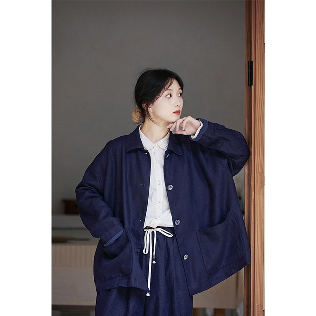 海青蓝重磅亚麻宽松翻领休闲百搭外套 - 女装上衣 - 棉 