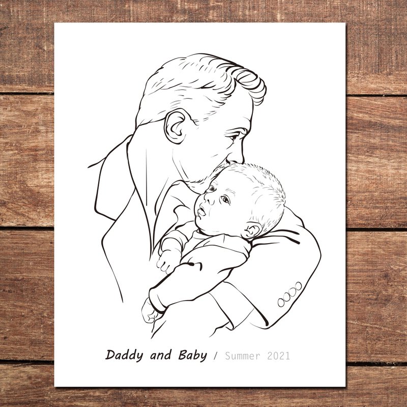Portrait dad and baby Fathers day gifts Custom digital portrait drawing - 订制画像 - 其他材质 