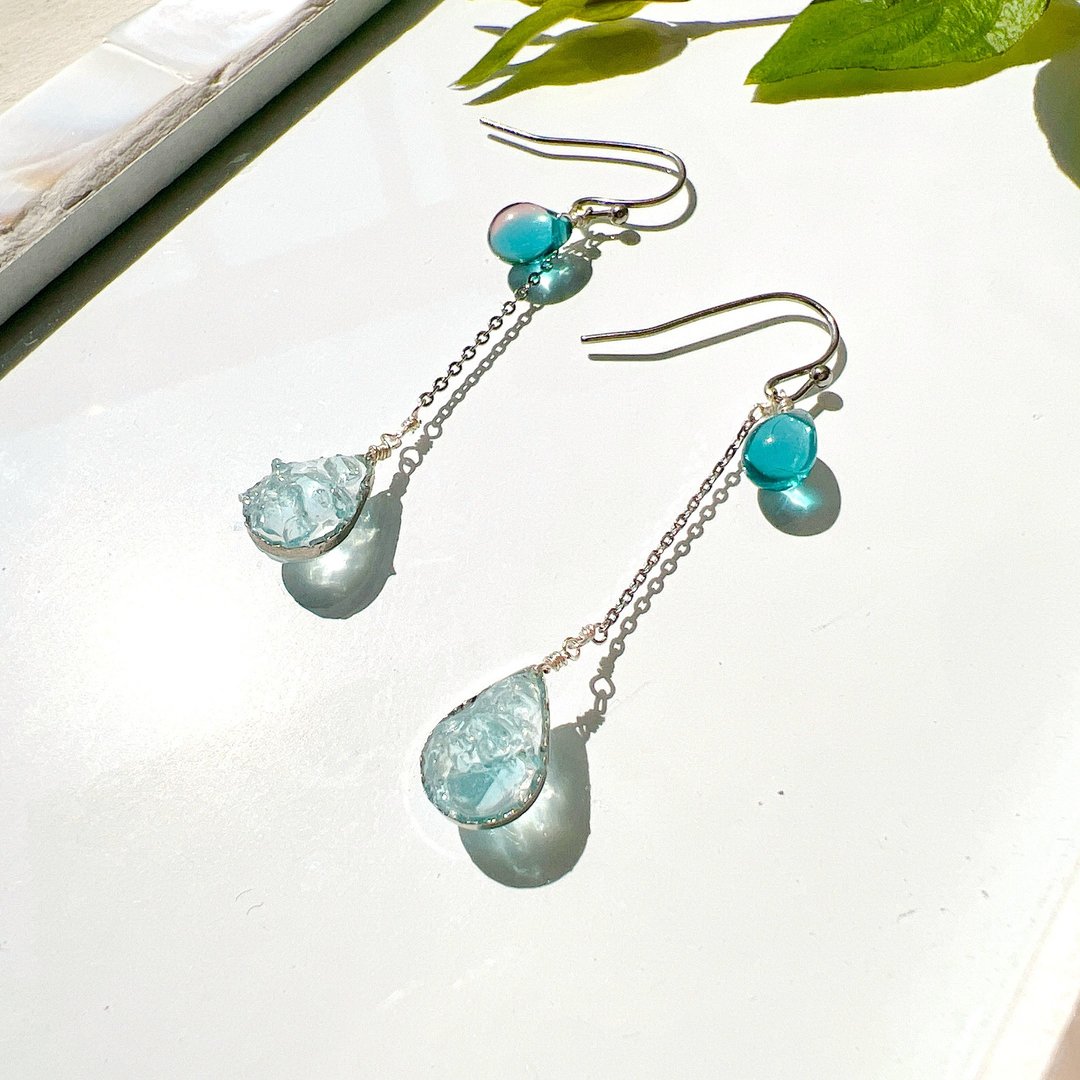 天然石 apatite 两用耳夹 (可选耳针或耳夹) _ 过敏友善手术级不锈钢 316 _ 0057 - 耳环/耳夹 - 半宝石 蓝色