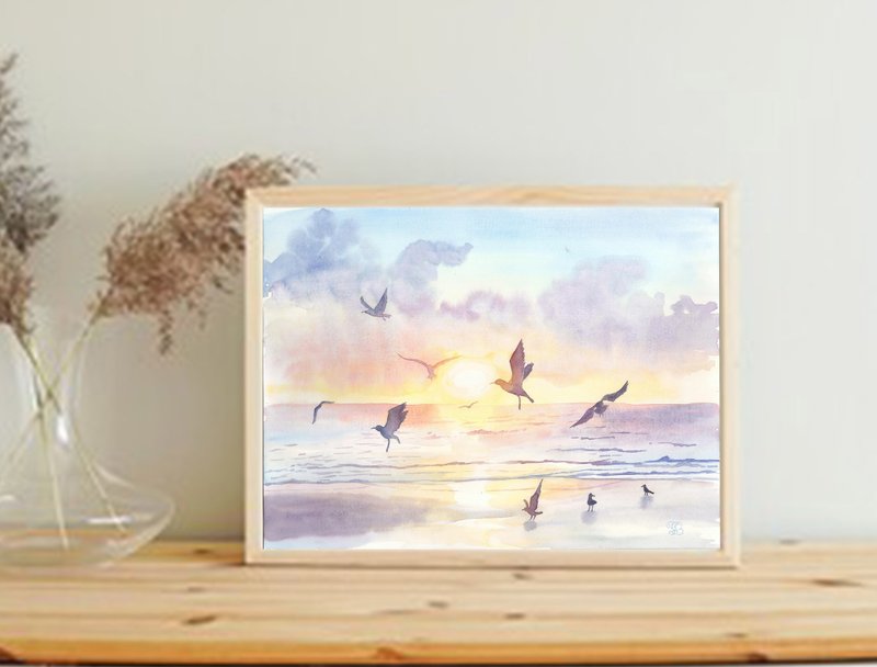 原创水彩画《海上日落与鸟儿》40 x 30 厘米 - 墙贴/壁贴 - 纸 紫色