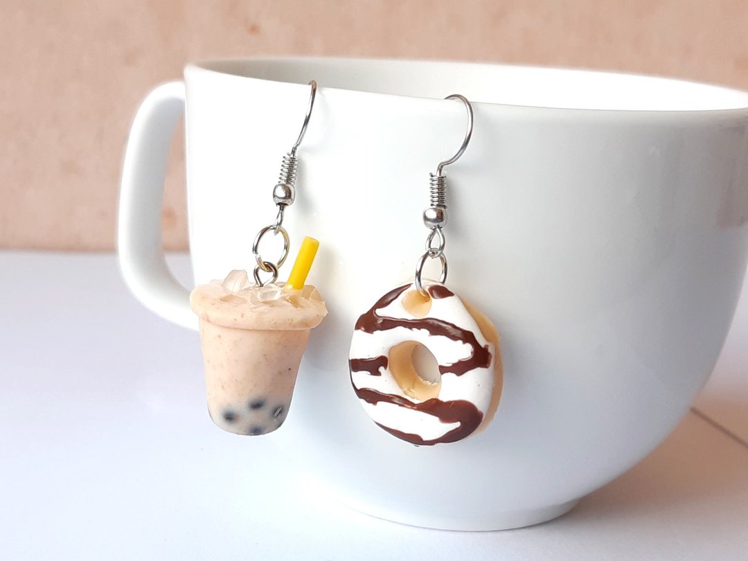 Bubble milk tea + donut 23  earring - 耳环/耳夹 - 贵金属 白色