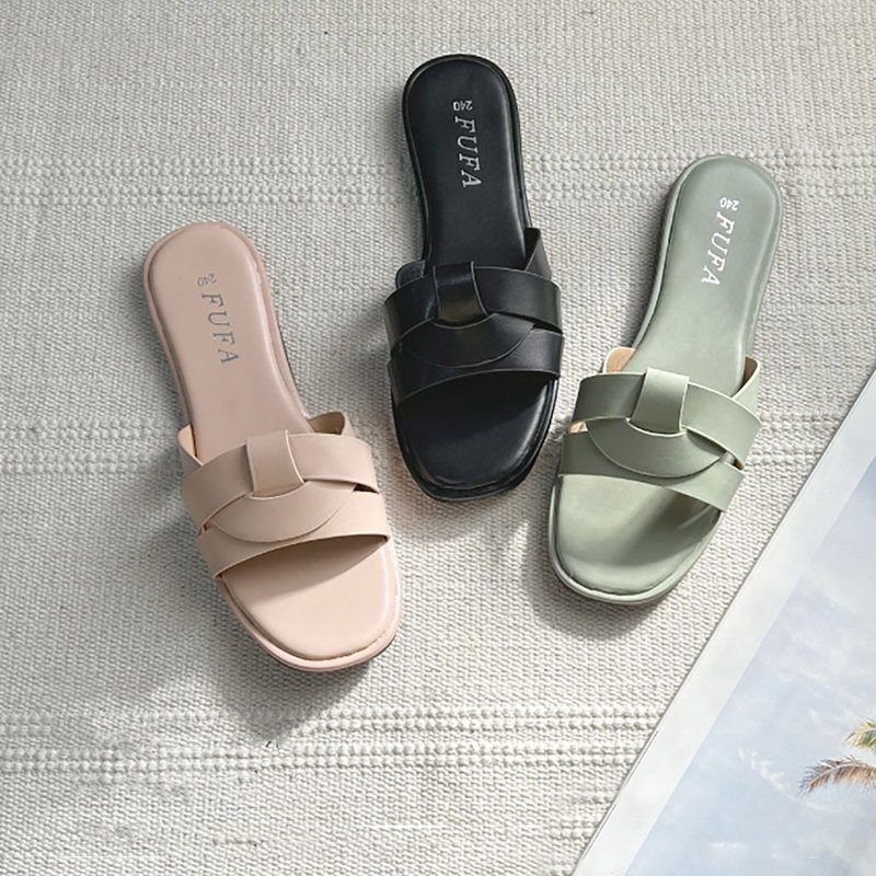 编织交叠平底拖鞋-黑/棕/绿 1PLC026 - 拖鞋 - 人造皮革 黑色